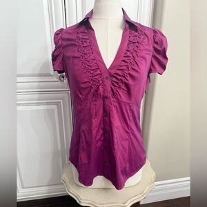 Express Sz Large Purple Short Puff Sleeve V-Neck Blouse Collar Ruching Side Zip